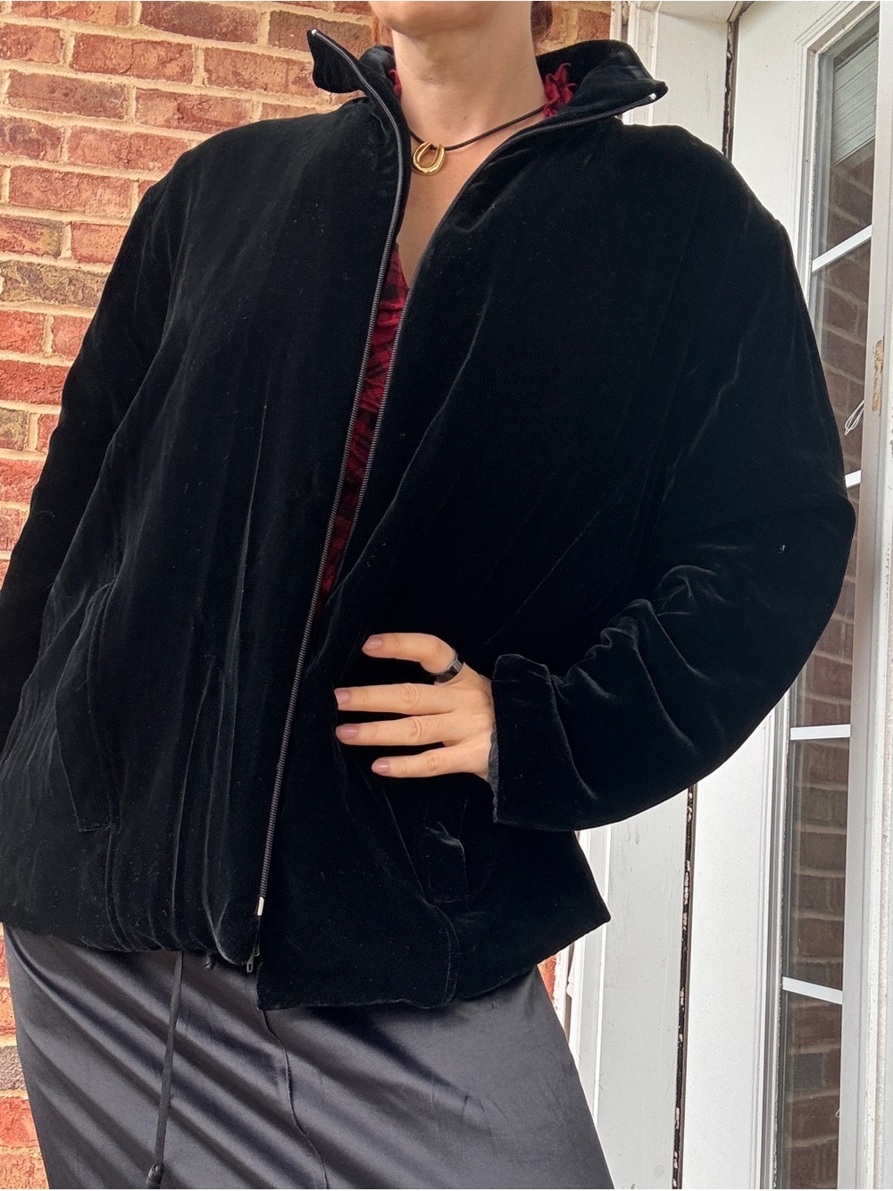 Chico’s Design Black Velour Velvet Silk Blend Hooded Jacket Size 2 L